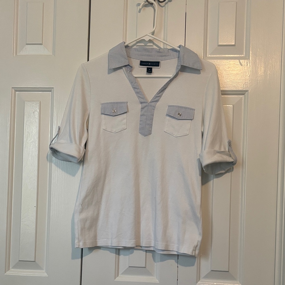 Karen Scott Cream Top with Light Blue Trim